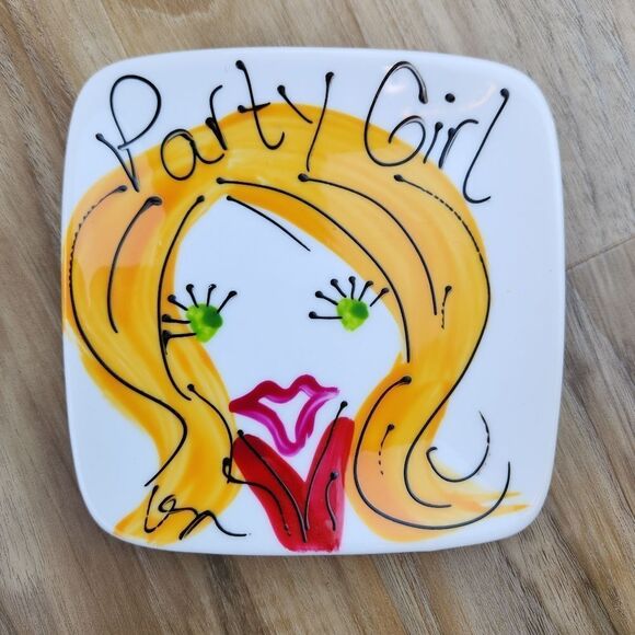 Vintage Jewelry - 🍑Cordon Bleu Hand Painted "Party Girl" Jewelry Tray or Dessert Plate